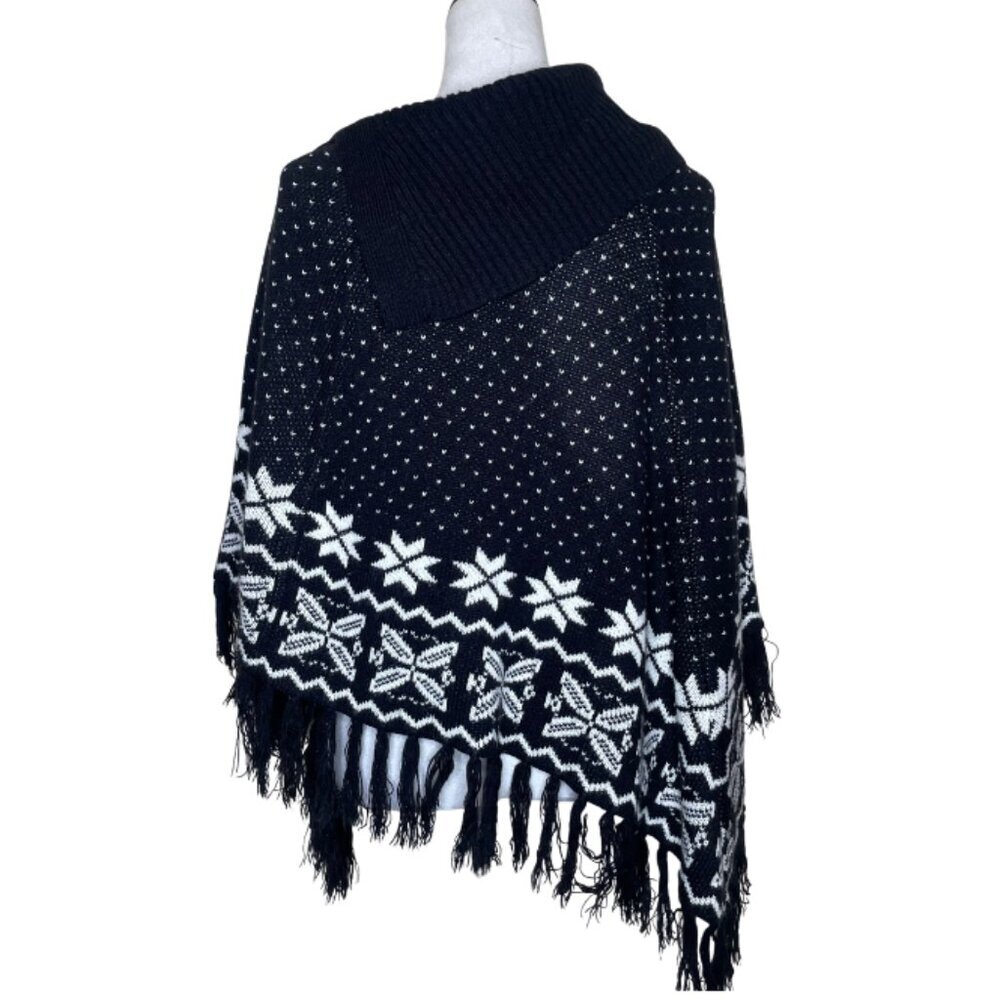 89th & Madison Black Snowflake Knit Poncho Fringe Tassel Cowl Neck Sweater Med - Picture 4 of 11